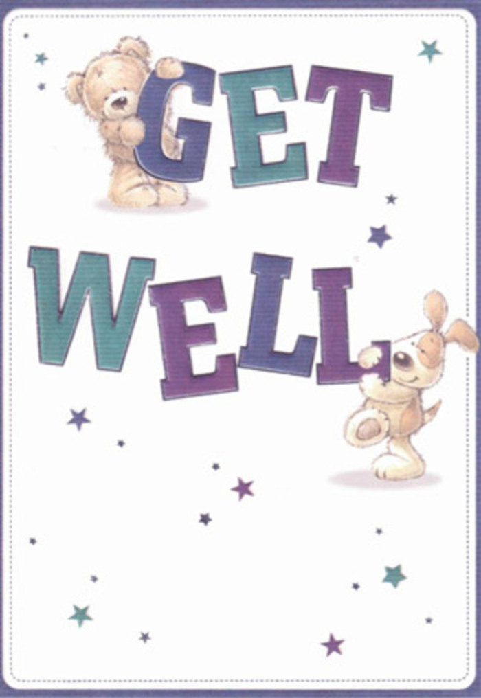 This illustrated get well card is a festival of gentle encouragement, echoing the compassionate spirit of Bellingham and its close-knit neighbourhoods. Front and centre, a cherubic bear and an exuberant puppy share the stage, their joyful antics centred around bold, hand-lettered words in rich purple and tranquil teal. The bear, rendered with a soft, plush texture and a welcoming smile, perches high above, 'GET' beneath its paws; just below, the puppy entwines itself around the 'WELL,' floppy ears and all, radiating comforting loyalty and youthful sincerity. Tiny, star-shaped bursts in hues of blue and violet flutter through the air, as if each is a wish winging its way from Catford Bridge to homes along Southend Lane. The composition glows with a luminous, airy quality-inviting light that makes every illustrated fur strand and rounded form almost tangible, like the first breath of spring through a garden archway in Bellingham. There's an artistry here akin to preparing a bespoke arrangement for a beloved customer: every shape, colour, and texture chosen to soothe, uplift, and reassure. Reading this card, you sense it was made with the same loving thought as a bouquet crafted for a neighbour recovering at Lewisham Hospital. Together, the charming illustrations and vibrant lettering create a tapestry of hope, warmth, and renewal, perfectly suited to offer a gentle lift to spirits of all ages.